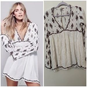 Free People Ivory Embroidered Bell Sleeve Top/Tunic Dress, XS -